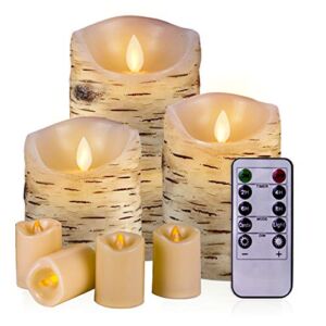 Iplacer Flameless Candles Birch, Battery Operated Candles LED Candles Birch Bark Battery Candles Real Wax Faux Candles Flickering With Remote Control and Cycling 24 Hours Timer Set Of 7