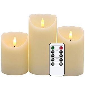 Wondise Flameless Flickering Pillar Candles with Remote and Timer, Battery Operated 3D Wick Real Wax Ivory Warm Light LED Pillar Candles for Home Decoration Indoor, Set of 3(D3 x H4,5,6 Inch)