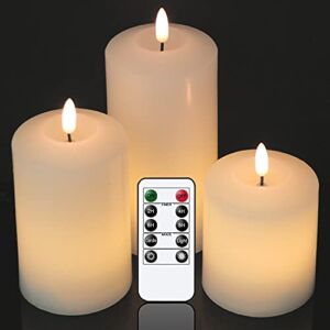 Eldnacele 3D Wick Flameless Pillar LED Candles with Remote Timer, Battery Operated 3 Pack White Real Wax Candle Set Realistic Flickering Flame Party Wedding Home Decoration