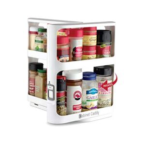 Cabinet Caddy (White) | Pull-and-Rotate Spice Rack Organizer | 2 Double-Decker Shelves | Modular Design | Non-Skid Base | Stores Prescriptions, Essential Oils | 10.8″H x 5.75″W x 10.8″D