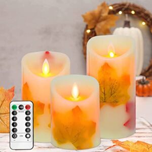 AVEKI LED Candle Lights, 3 PCS Flameless Candles Light Warm White Battery Operated Electric LED Moving Wick Flickering Maple Leaf Candle Lights with Remote Timer for Decoration Wedding