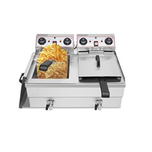 Electric Deep Fryer with 2 Baskets and Lid, 23.6 Liter Stainless Steel Commercial Double Fryer, Countertop Kitchen Fryer with Temperature Control, Good for Frying Chicken, French Fries and More