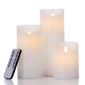 glowiu Flameless Flickering LED Candles Moving Flame, Battery Candles Set of 3(H 4″ 6″ 8″ x D3) Real Wax Pillar with 10-Key Remote Multi-Function (White)