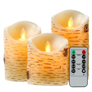 LIELILA Dancing Flameless Candles LED Candles Set of 3 (D 3.25″ x H 4″ 5″ 6″) Ivory Real Wax Pillar Birch Bark Effect Battery Candles with Pillar LED Flame 10-Key Remote Control for Holiday and Party