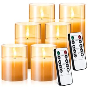 Roceei 6 Pieces Gold Flickering Flameless Candle LED Flickering Candle Set with 2 Pieces Remote Control and Timer Gold Acrylic Battery Operated Candle with 3D Flame for Festival Wedding Party Decor