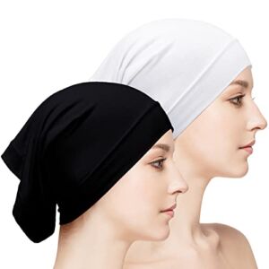 Women Under Scarf Hijab Cap 2 Pcs Under Caps for Turban Hijab Undercap Head Wraps Scarf Solid Color Hijab Tube Stretch Dreadlocks Tube Neck Cover, Black White