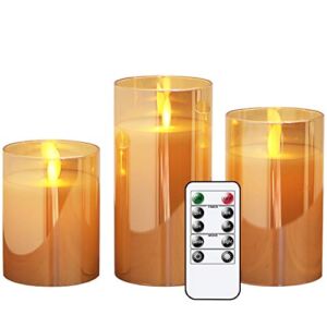 Eldnacele Gold Glass Battery Operated LED Flameless Candles with Remote and Timer Real Wax Moving Wick Candles Warm White Flickering Light Pillar Candles Set of 3 for Festival Wedding Party Home Décor