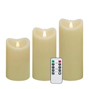 GiveU Moving Wick Flameless 10 Key Remote & Timer 3-Inch by 5/6/7-Inch Set of 3 Pillar Led, battery candles flicker, Ivory