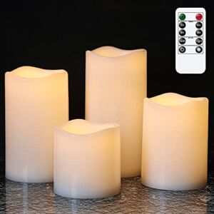 DRomance Outdoor Waterproof Flameless Candles with Remote Timer, Battery Operated White LED Flickering Pillar Candles for Indoor Outdoor Lantern Home Wedding Decoration(3 x 3,4,5,6 Inches)