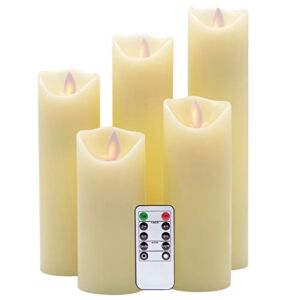 Eldnacele Moving Wick Flameless Candles Flickering with Remote Timer Warm White Unscented Battery Operated LED Pillar Candles Set of 5 Realistic Flame for Decoration (2.2″ X 5″6″ 7″ 8″ 9″)