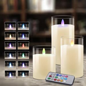 Flameless Candles Battery Operated Candles Real Wax Pillar LED Glass Candle Flickering Dancing Wick Tea Lights Votive Candles with 18-key Remote and Cycling 24 Hours Timer 4″ 5″ 6″ Set of 3 Multicolor