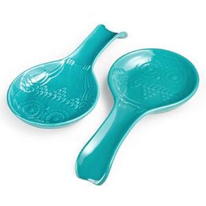 DOWAN Ceramic Spoon Rest for Kitchen, 2 Pieces of Porcelain Stovetop Spoon Holder for Countertop, Turquoise Owl Ladle Rest 9.5 Inches, Dishwasher Safe Farmhouse Kitchen Decor and Accessories