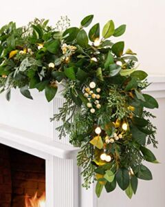 Balsam Hill 6ft Premium Prelit White Berry Cypress Artificial Garland with Battery Powered Clear LED Lights