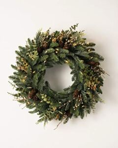 Balsam Hill 26 Inch Premium Prelit Mountain Meadow Artificial Holiday Wreath with Battery Powered Clear LED Lights