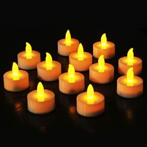 Novelty Place Flameless LED Tea Light Candles in Warm Yellow Flickering Bright Tealights Electric Battery-Powered Tealight Candles for Votive, Wedding, Birthday (Pack of 12)
