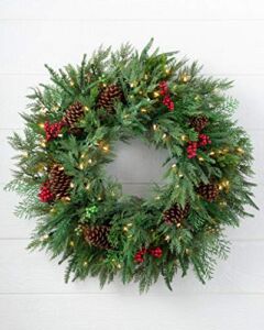 Balsam Hill 34 Inch Premium Prelit Winter Evergreen Holiday Artificial Christmas Wreath with Battery Powered Clear LED Lights