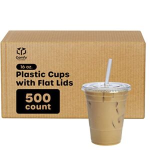 Comfy Package [Bulk Case of 10/50 Sets] 16 oz. Crystal Clear Plastic Cups With Flat Lids