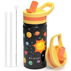 BUZIO Insulated Water Bottle with Straw Lid for Kids, Vacuum Stainless Steel Metal Water Bottles for Toddlers, 14oz Double Walled Reusable Leak Proof BPA-Free Water Flask Tumbler for School, Planet