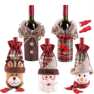 Holiday/Christmas Wine Bottle Decors/Bags Set of 7: Checkers & herringbone decors with Faux Fur Collar; Santa Clause, Snowman & Reindeer Drawstring Bags; Bottle Stoppers Silicone Christmas Decor Gift