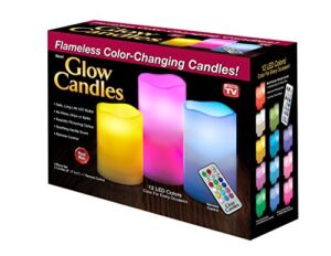 Glow Candles – Flameless Color-Changing Candles, 3 Battery-operated LED Pillar Candles with Remote (Real Wax)