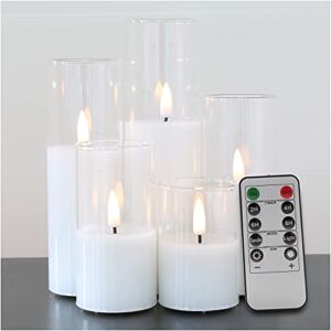 Eywamage 5 Pack Clear Glass Slim Flameless Candles Batteries Included, Flickering LED Battery Pillar Candles D 2″ H 3″ 4″ 5″ 6″ 7″