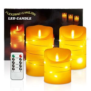 Flameless Candles with Remote, Battery Operated Flickering LED Candles with Embedded String Lights Cycling 24 Hours Timer Real Wax Moving Flame Christmas Pillar Candles, 4″ 5″ 6″ Set of 3