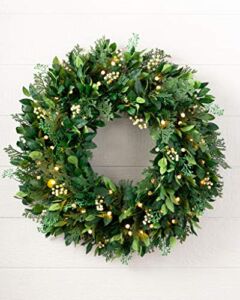 Balsam Hill 28 Inch Premium Prelit White Berry Cypress Artificial Wreath with Battery Powered Clear LED Lights