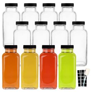 HINGWAH 12 OZ Glass Drink Bottles, Set of 12 Vintage Glass Water Bottles with Lids, Great for storing Juices, Milk, Beverages, Kombucha and More ( Labels and Sponge Brush Included)