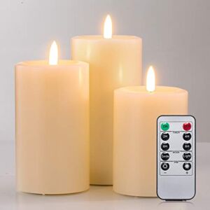 UNIVELA Flameless Candles Set of 3, Realistic Real Wax Top Flat 3D Wick Ivory Pillar Candles Set with Remote, Size D: 3” x H: 4” 5” 6”, 2H 4H 6H 8H Timer, Flicker, Dimmer, Run by 2 AA Battery