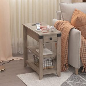 Narrow End Table with Charging Station Farmhouse End Table with USB Ports and Outlets for Small Space, Sofa Side Table with Storage Drawer, Rustic Grey