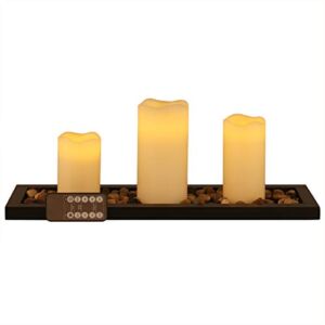 Flameless Led Candle Gift Set of 3 Pillar Candles, Candlescape Led Tea Light Set with Decorative Pebbles Rocks and Wood Tray, with Remote Timer, Gift for Home, Wedding, Party, Room, Spa