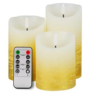 ZEERK Flickering Flameless Candles Battery Operated Led Candles with Remote and Timer Festival Home Decor D 3″ H 4″ 5″ 6″ Gold