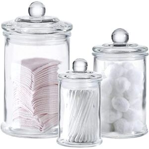 Premium Glass Apothecary Jars with Lids | Set of 3 | Small Glass Jars for Kitchen or Bathroom Storage / Qtip Holder / Cotton Swab Holder | Glass Jar with Lid for Laundry Room Storage, Bathroom Canisters, Mason Jar Bathroom Accessories Set | Bathroom Jars