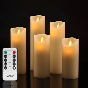 Vinkor Flameless Candles Battery Operated Candles Set Decorative Flameless Candles 4″ 5″ 6″ 7″ 8″ Classic Real Wax Pillar with Moving LED Flame & 10-Key Remote Control 2/4/6/8 Hours Timer