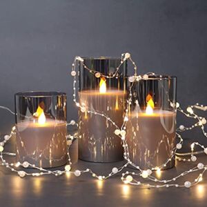Gray Glass Battery Operated Flameless Led Candles with 36 LEDs White Pearl Glarand Fairy String Lights for Wedding Christmas Party Event