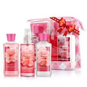 Vital Luxury Bath & Body Care Travel Set – Home Spa Set with Body Lotion, Shower Gel and Fragrance Mist (Japanese Cherry Blossom)