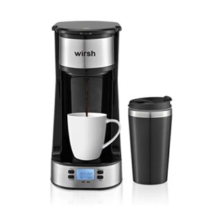 wirsh Single Serve Coffee Maker- Small Coffee Maker with Programmable Timer and LCD display, Single Cup Coffee Maker with 14 oz.Travel Mug and Reusable Coffee Filter, Black