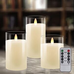 Flameless Candles Battery Operated Candles Real Wax Pillar LED Glass Candle Flickering Dancing Wick Tea Lights Votive Candles with 10-key Remote and Cycling 24 Hours Timer 4″ 5″ 6″ Set of 3 Warm White