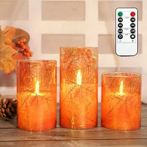 FLAVCHARM Maple Leaf Glass Flickering Flameless Candles Decorative LED Candles with Remote Fall Harvest Realistic Pillar Candle for Home Thanksgiving Fall Decor Halloween