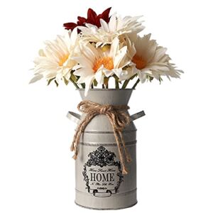 7.5″ Galvanized Milk Jug Rustic Decorative Vase with Linen and Rope Design, Metal Milk Can Country Jug for Farmhouse Decor, Flowers Not Included(Grey)
