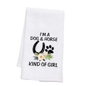 BDPWSS Dog Lover Gifts Horse Kitchen Towels I’m a Dog and Horse Kind of Girl Paw Print Horseshoe Gift for Cowgirl Equestrian (Dog Horse Towel)