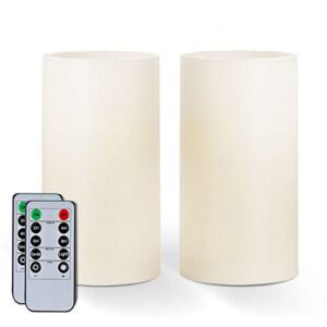 Amagic 3″ x 6″ Wax Flameless Candles, Battery Operated Flickering LED Pillars with 2 Remote Controls and Timers, Amber Yellow Glow, Long-Lasting, Indoor, Ivory, Set of 2