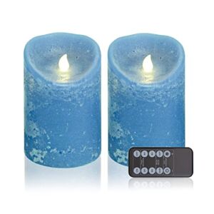 J.E.Penny Baby Blue Flameless Candles, Set of 2 (D4 x H6 inch ) LED Candles Realistic Flickering Electric Candles Battery Operated, Real Wax Bright Wick LED Pillar Candle Sets with Remote Control