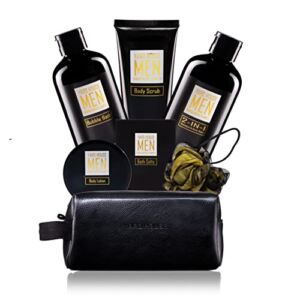 YARD HOUSE Bath and Body Spa Gifts Baskets Set for Men – Sandalwood & Amber – 7Pcs Men’s Spa Kit with Body wash, Bubble bath, Bath Salt, Body Lotion, Body Scrub, Loofah and Leather Toiletry Bag