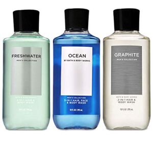 Bath and Body Works 3 Pack 2-in-1 Hair + Body Wash Freshwater, Graphite and Ocean. 10 Oz.