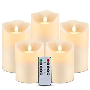 Homemory Waterproof Flickering Flameless Candles, Outdoor Indoor Battery Operated LED Candles with Remote Timers, Won’t Melt, Moving Flame, Ivory Frosted Plastic, Set of 5