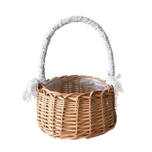 Wicker Rattan Flower Basket, Willow Handwoven Basket with Handle and Plastic Insert, Easter Eggs Candy Basket Wedding Flower Girl Baskets for Home Garden Decor