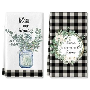 Eucalyptus Leaves Kitchen Dish Towel , 2 Pack Bless Our Home Sweet Home Quotes Buffalo Plaid Absorbent Kitchen Towel, Absorbent Drying Tea Towels for Cooking Baking, 18 x 28 (Eucalyptus Leaves)