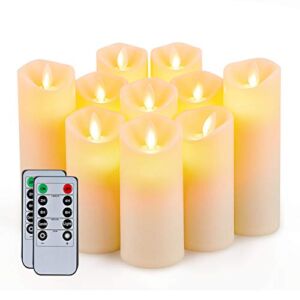 5plots 10 PCS Flickering Flameless Candles, Moving Flame, Battery Operated LED Pillar Candles with Timers and Remote Control, Made of Wax-Like Frosted Plastic, Won’t Melt, Ivory