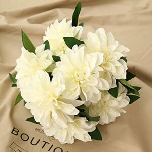 10 Heads Dahlia Fake Flowers Artificial Dahlia Flowers Faux Flowers for Home Wedding Party Office Supplies (White)